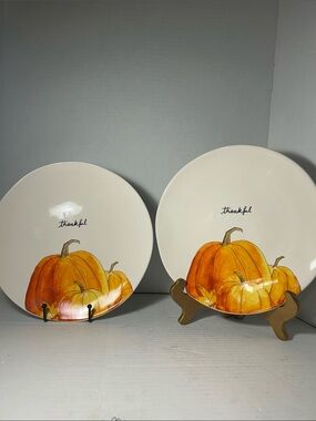 Rae Dunn White Ceramic Dinner Plates with Orange Pumpkin Design - Set of 2